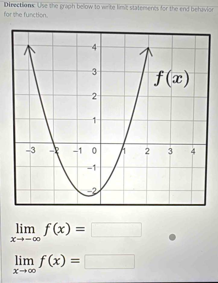 Directions: Use the graph below to write limit statements for the end behavior
for the function.
limlimits _xto -∈fty f(x)=□
limlimits _xto ∈fty f(x)=□