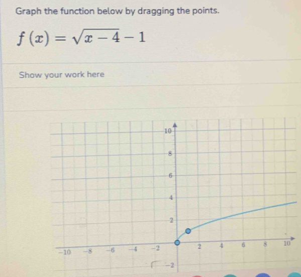 Graph the function below by dragging the points.
f(x)=sqrt(x-4)-1
Show your work here