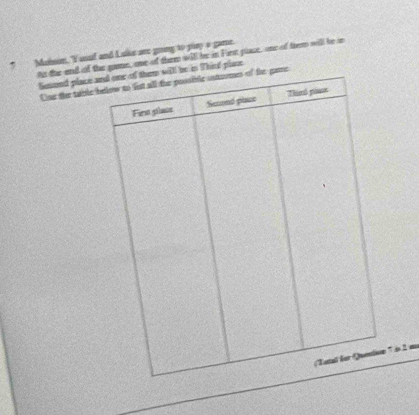 Maisin. Yussf and Lalke are goong to play a gare. 
At the end of thgame, one of them will be in Firs plase, one of trem will be o 
Seued place ahir' place 
Cne the table b 
' is 2 m