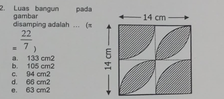 Luas bangun pada
gambar 
disamping adalah .. (π
= 22/7 )
a. 133 cm2
b. 105 cm2
c. 94 cm2
d. 66 cm2
e. 63 cm2