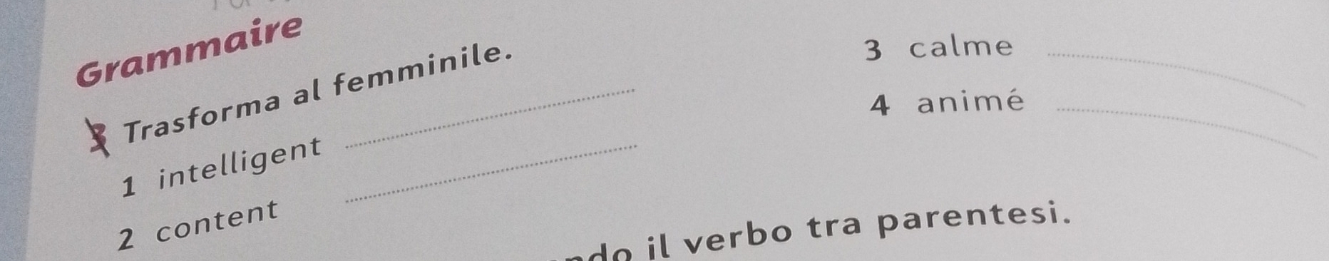 Grammaire 
Trasforma al femminile. 
3 calme_ 
4 animé_ 
1 intelligent_ 
2 content 
do il verbo tra parentesi.