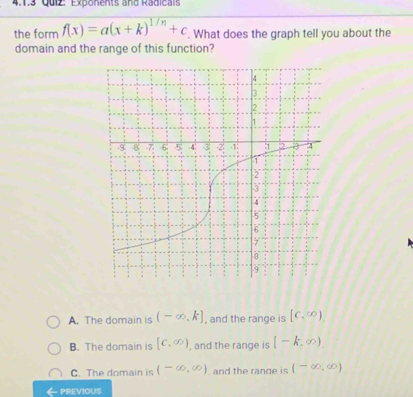 Exponents and Radicals
the form f(x)=a(x+k)^1/n+c. What does the graph tell you about the
domain and the range of this function?
A. The domain is (-∈fty ,k] , and the range is [c,∈fty ),
B. The domain is [C,∈fty ) , and the range is [-k,∈fty ).
C. The domain is (-∈fty ,∈fty ) and the range is (-∈fty ,∈fty )
PREVIOUS