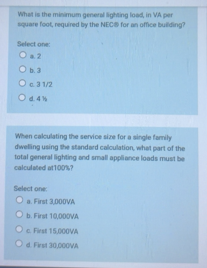 Solved: What is the minimum general lighting load, in VA per square ...