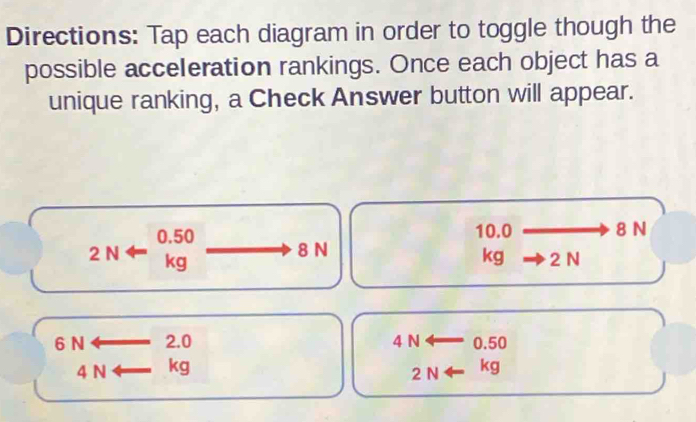 Directions: Tap each diagram in order to toggle though the 
possible acceleration rankings. Once each object has a 
unique ranking, a Check Answer button will appear.
10.0 8 N
2Narrow beginarrayr 0.50 kgendarray 8 N 2 N
kg
6 N 2.0 4 N 0.50
4 N kg kg
) N