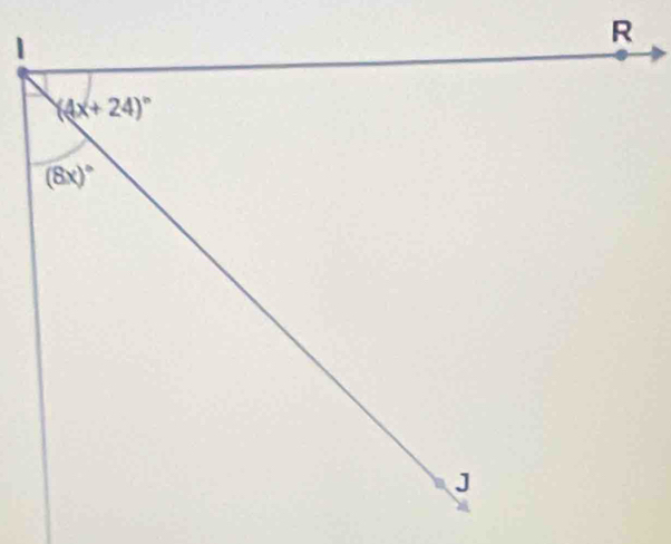 1
R
(4x+24)^circ 
(8x)^circ 
J