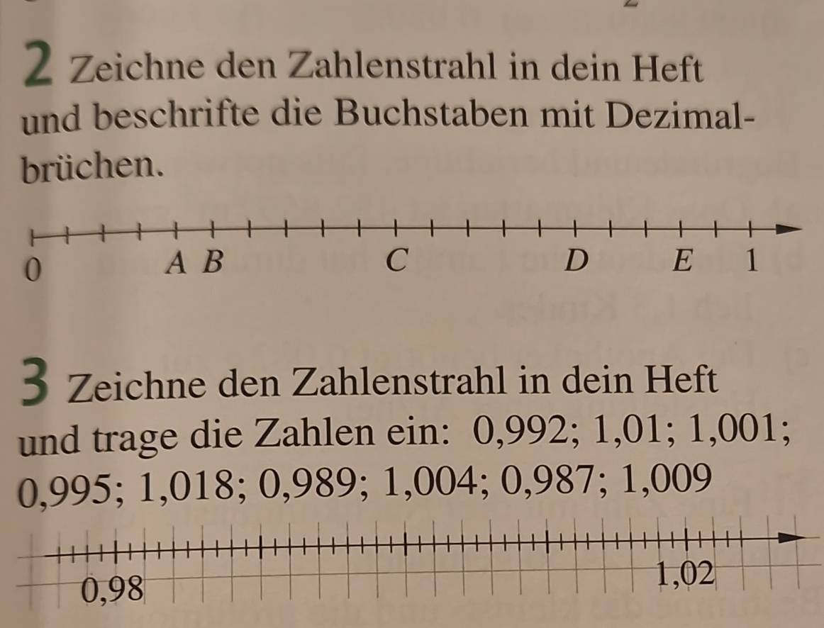 Zeichne den Zahlenstrahl in dein Heft 
und beschrifte die Buchstaben mit Dezimal- 
brüchen. 
3 Zeichne den Zahlenstrahl in dein Heft 
und trage die Zahlen ein: 0,992; 1,01; 1,001;
0,995; 1,018; 0,989; 1,004; 0,987; 1,009