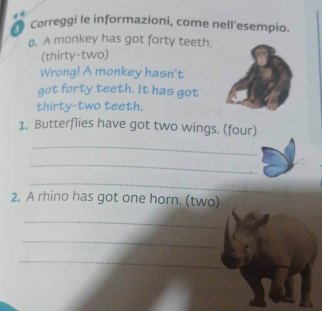 Correggi le informazioni, come nell’esempio. 
0. A monkey has got forty teeth. 
(thirty-two) 
Wrong! A monkey hasn't 
got forty teeth. It has got 
thirty-two teeth. 
1. Butterflies have got two wings. (four) 
_ 
_ 
_ 
2. A rhino has got one horn. (two) 
_ 
_ 
_