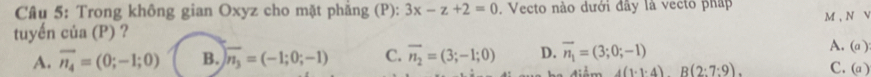 Trong không gian Oxyz cho mặt phẳng (P): 3x-z+2=0 , Vecto nào dưới đây là vecto pháp
M , N Y
tuyến của (P) ?
A. (a )
A. vector n_4=(0;-1;0) B. overline n_3=(-1;0;-1) C. overline n_2=(3;-1;0) D. overline n_1=(3;0;-1) C. (a )
4(1· 1· 4)R(2· 7:9)