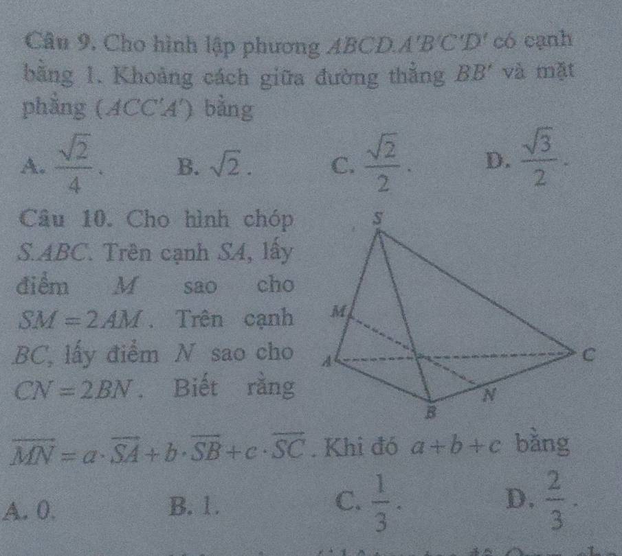 Câu 9, Cho hình lập phương ABCD. A'B'C'D' có cạnh
bằng 1. Khoảng cách giữa đường thằng BB' và mặt
phẳng (AC CA' bằng
A.  sqrt(2)/4 . B. sqrt(2). C.  sqrt(2)/2 . D.  sqrt(3)/2 -
Câu 10. Cho hình chóp 
S. ABC. Trên cạnh S4, lấy
điểm M sao cho
SM=2AM. Trên cạnh
BC, lấy điểm N sao cho
CN=2BN. Biết rằng
vector MN=a· vector SA+b· vector SB+c· vector SC. Khi đó a+b+c bǎng
A. 0. B. 1. C.  1/3 . D.  2/3 .