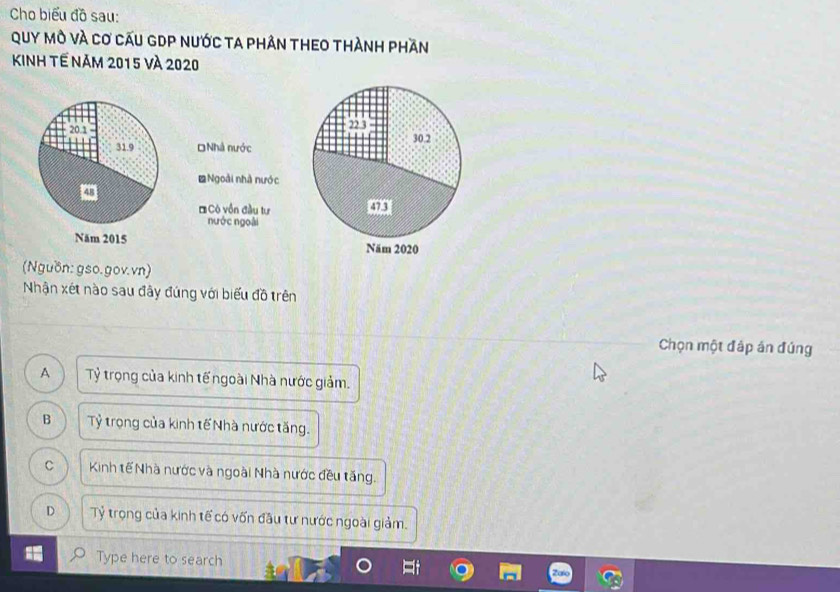 Cho biểu đồ sau:
Quy mô và cơ cấu gDP nước ta phản theo thành phần
Kinh tế năm 2015 và 2020
20.1 22.3
31.9 DNhà nước 30.2
≌Ngoài nhà nước
= Có vôn đầu tư
nước ngoài
Năm 2015 Năm 2020
(Nguồn: gso.gov.vn)
Nhận xét nào sau đây đúng với biểu đồ trên
Chọn một đập án đúng
A Tỷ trọng của kinh tế ngoài Nhà nước giảm.
B Tỷ trọng của kinh tế Nhà nước tăng.
C Kinh tế Nhà nước và ngoài Nhà nước đều tăng.
D Tỷ trọng của kinh tế có vốn đầu tư nước ngoài giảm.
Type here to search