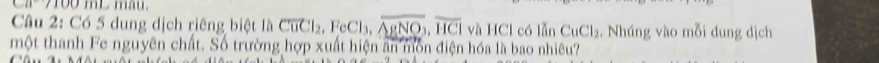 700 mL mau . 
Câu 2: Có 5 dung dịch riêng biệt là Coverline uCl_2, FeCl_3, overline AgNO, overline HCl và HCl có lẫn CuCl_2. Nhúng vào mỗi dung dịch 
một thanh Fe nguyên chất. Số trường hợp xuất hiện ân môn điện hóa là bao nhiêu?