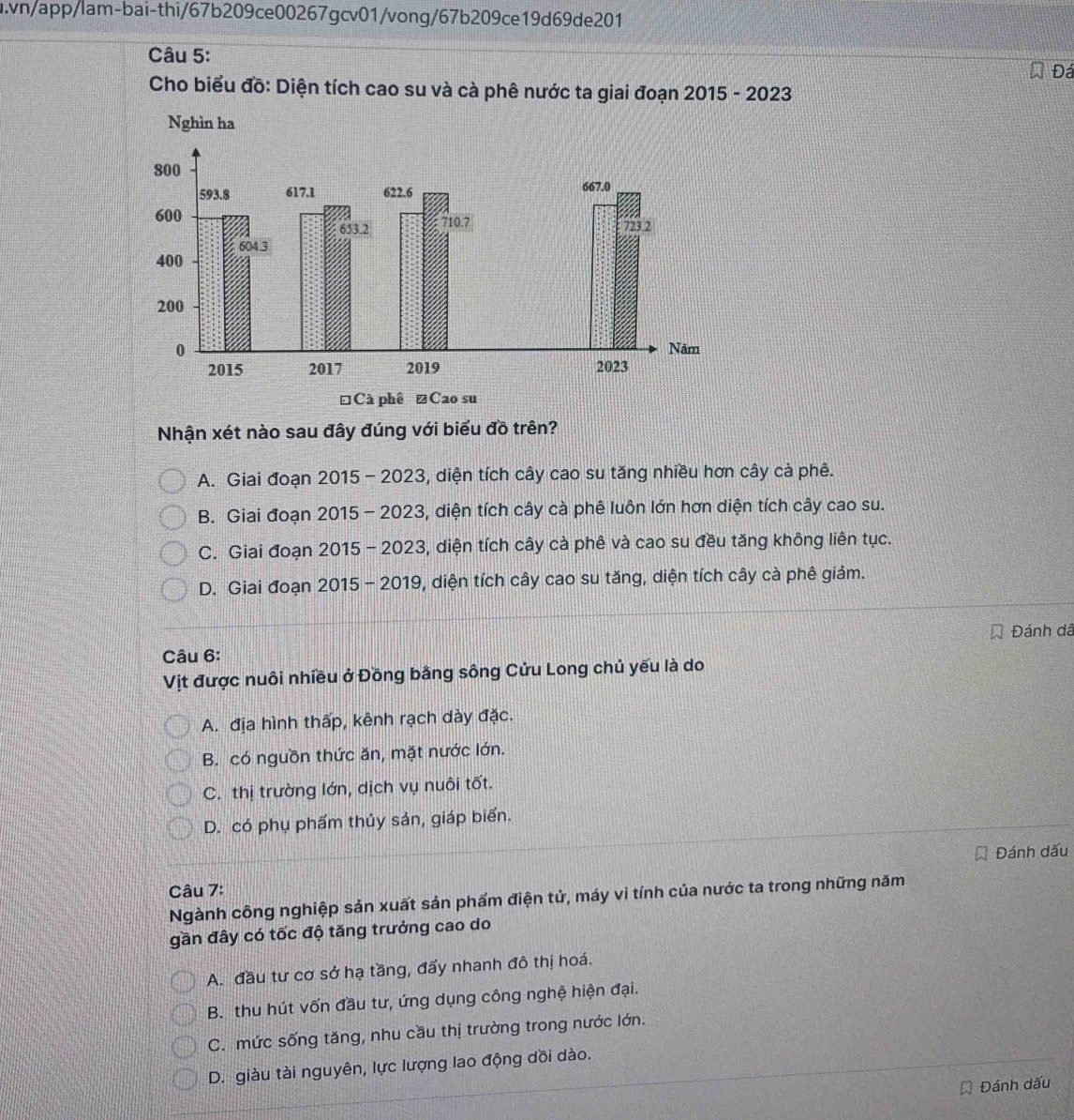 vn/app/lam-bai-thi/67b209ce00267gcv01/vong/67b209ce19d69de201
Câu 5:
Đá
Cho biểu đồ: Diện tích cao su và cà phê nước ta giai đoạn 2015 - 2023
Nhận xét nào sau đây đúng với biểu đồ trên?
A. Giai đoạn 2015 - 2023, diện tích cây cao su tăng nhiều hơn cây cà phê.
B. Giai đoạn 2015 - 2023, diện tích cây cà phê luôn lớn hơn diện tích cây cao su.
C. Giai đoạn 2015 - 2023, diện tích cây cà phê và cao su đều tăng không liên tục.
D. Giai đoạn 2015 - 2019, diện tích cây cao su tăng, diện tích cây cà phê giảm.
Đánh dã
Câu 6:
Vịt được nuôi nhiều ở Đồng bằng sông Cửu Long chủ yếu là do
A. địa hình thấp, kênh rạch dày đặc.
B. có nguồn thức ăn, mặt nước lớn.
C. thị trường lớn, dịch vụ nuôi tốt.
D. có phụ phẩm thủy sản, giáp biển.
Đánh dấu
Câu 7:
Ngành công nghiệp sản xuất sản phẩm điện tử, máy vi tính của nước ta trong những năm
gần đây có tốc độ tăng trưởng cao do
A. đầu tư cơ sở hạ tầng, đẩy nhanh đô thị hoá.
B. thu hút vốn đầu tư, ứng dụng công nghệ hiện đại.
C. mức sống tăng, nhu cầu thị trường trong nước lớn.
D. giàu tài nguyên, lực lượng lao động dồi dào.
Đánh dấu