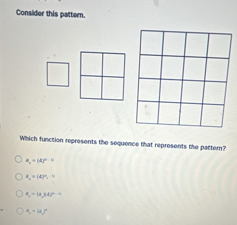 Consider this pattern.
Which function represents the sequence that represents the pattern?
a_n=(4)^(n-1)
a_n=(4)^(a_n-1)
a_n=(a_n)(4)^(n-1)
a_n=(a_n)^4