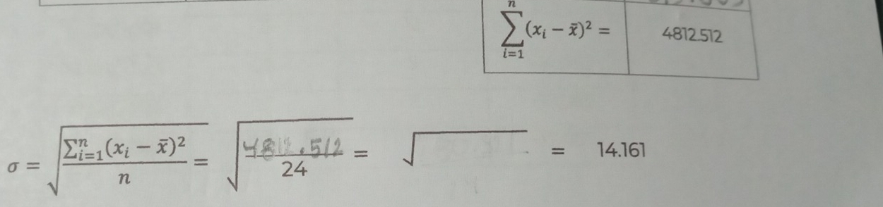 sumlimits _(i=1)^n(x_i-overline x)^2= 4812.512
sqrt()=14.161