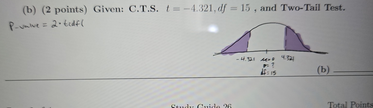 Given: C.T.S. t=-4.321, df=15 , and Two-Tail Test. 
_ 
Total Points