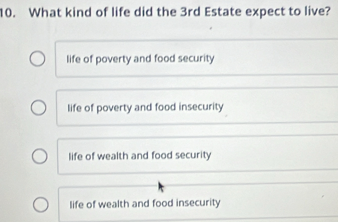 What kind of life did the 3rd Estate expect to live?
life of poverty and food security
life of poverty and food insecurity
life of wealth and food security
life of wealth and food insecurity