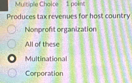 Produces tax revenues for host country
Nonproft organization
All of these
Multinational
Corporation