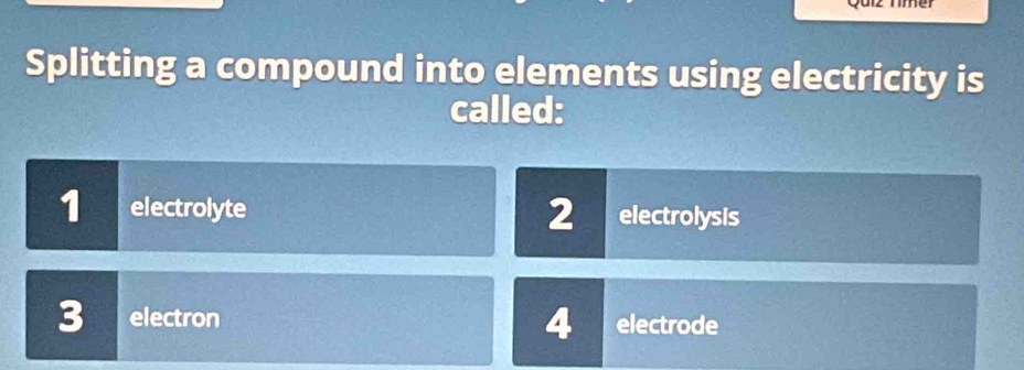 Splitting a compound into elements using electricity is
called:
1 electrolyte 2 electrolysis
3 electron 4 electrode