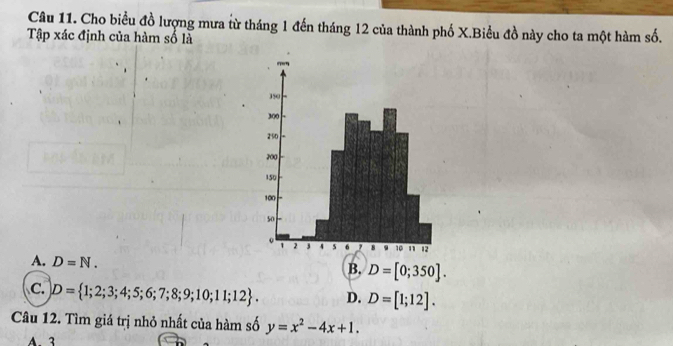 Cho biểu đồ lượng mưa từ tháng 1 đến tháng 12 của thành phố X.Biều đồ này cho ta một hàm số.
Tập xác định của hàm số là
A. D=N.
B. D=[0;350].
C. D= 1;2;3;4;5;6;7;8;9;10;11;12. D. D=[1;12]. 
Câu 12. Tìm giá trị nhỏ nhất của hàm số y=x^2-4x+1.
A. 3