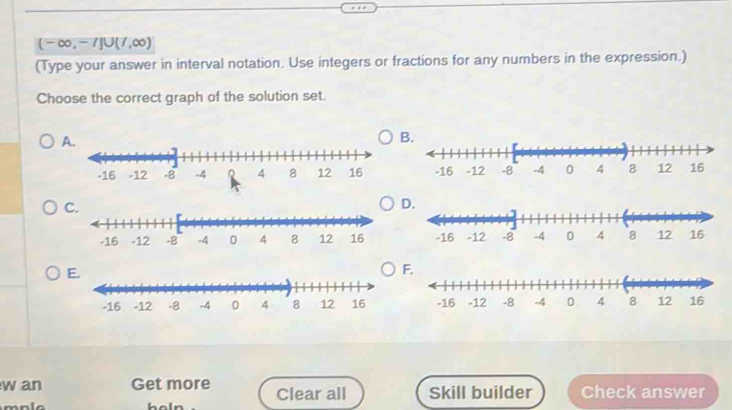 (-∈fty ,-/]∪ (7,∈fty )
(Type your answer in interval notation. Use integers or fractions for any numbers in the expression.) 
Choose the correct graph of the solution set. 
A. 
B. 
C. 
E. 
w an Get more Clear all Skill builder Check answer