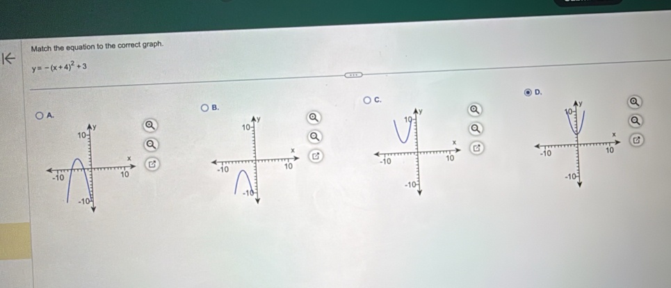 Match the equation to the correct graph.
y=-(x+4)^2+3
D. 
C. 
B. 
A. 
Q 
a 

B 
B