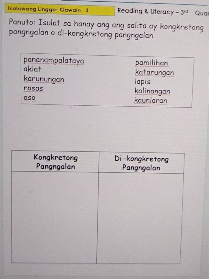 Ikalawang Linggo- Gawain 3 Reading & Literacy -3^(rd) Quai 
Panuto: Isulat sa hanay ang ang salita ay kongkretong 
pangngalan o di-kongkretong pangngalan.