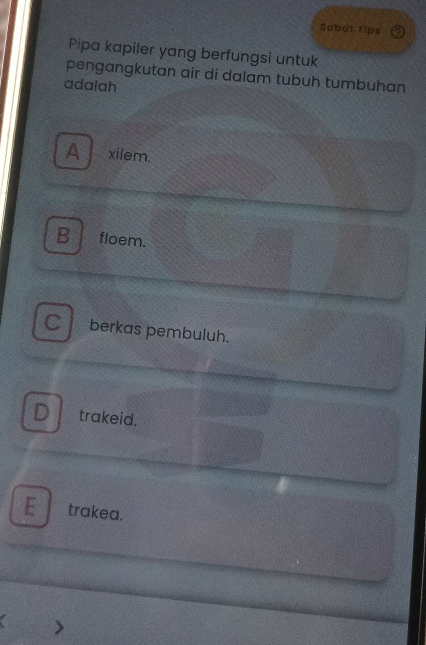 Sobat Tips a
Pipa kapiler yang berfungsi untuk
pengangkutan air di dalam tubuh tumbuhan
adalah
A xilem.
B floem.
CL berkas pembuluh.
D trakeid.
E trakea.