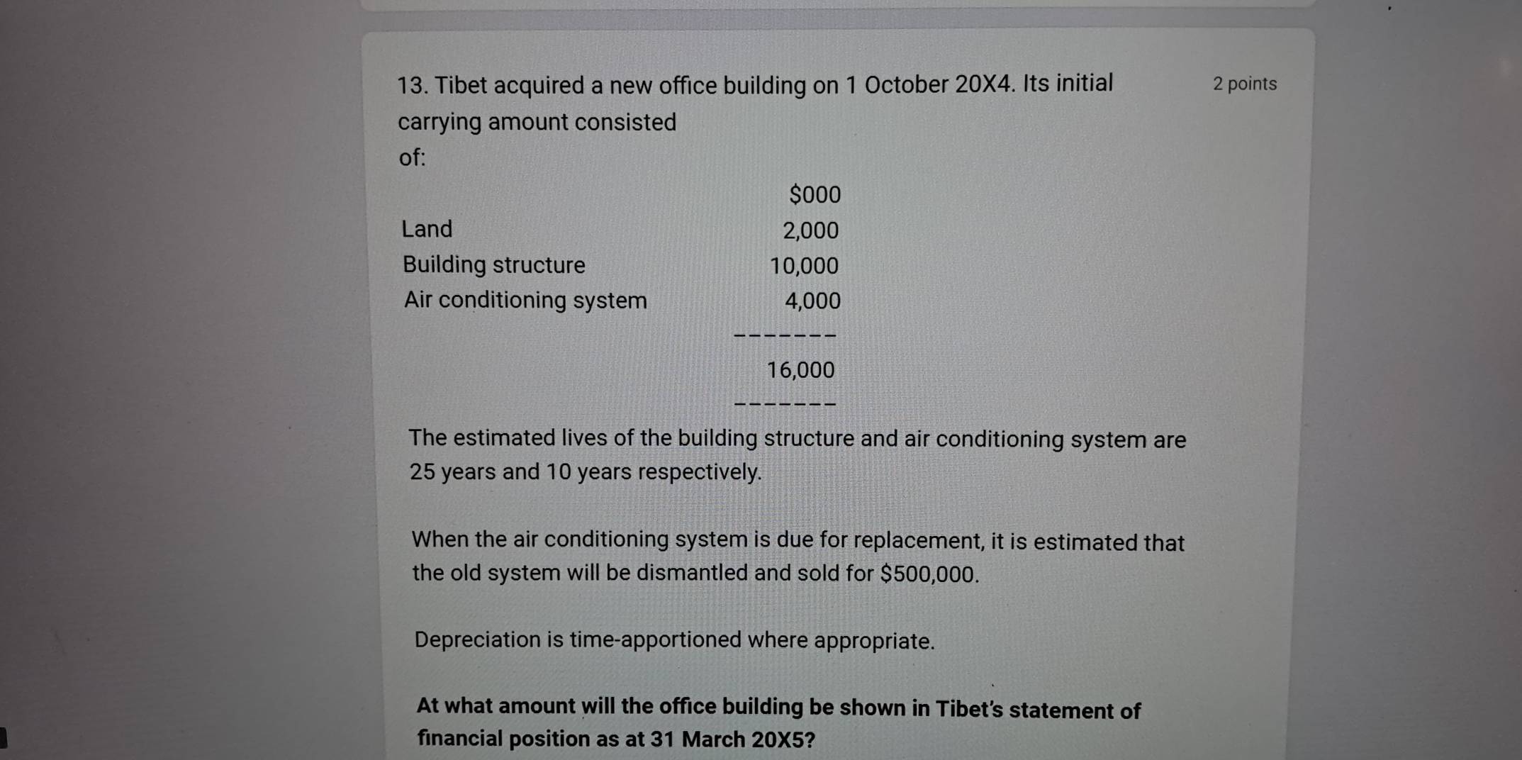 Tibet acquired a new office building on 1 October a 20* 4. Its initial 2 points 
carrying amount consisted 
of:
$000
Land 2,000
Building structure 10,000
Air conditioning system 4,000
16,000
The estimated lives of the building structure and air conditioning system are
25 years and 10 years respectively. 
When the air conditioning system is due for replacement, it is estimated that 
the old system will be dismantled and sold for $500,000. 
Depreciation is time-apportioned where appropriate. 
At what amount will the office building be shown in Tibet's statement of 
financial position as at 31 March 20X5?