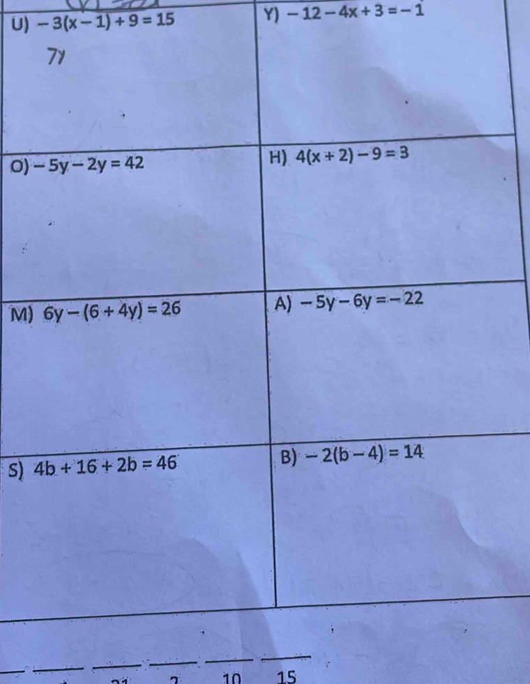 -3(x-1)+9=15
Y) -12-4x+3=-1
0) 
M)
S) 
10 15