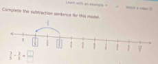 Lear =1h an example . Wat a viee 3 
Complete the subtraction sentence for this model.
 3/5 - 2/5 = □ /□  