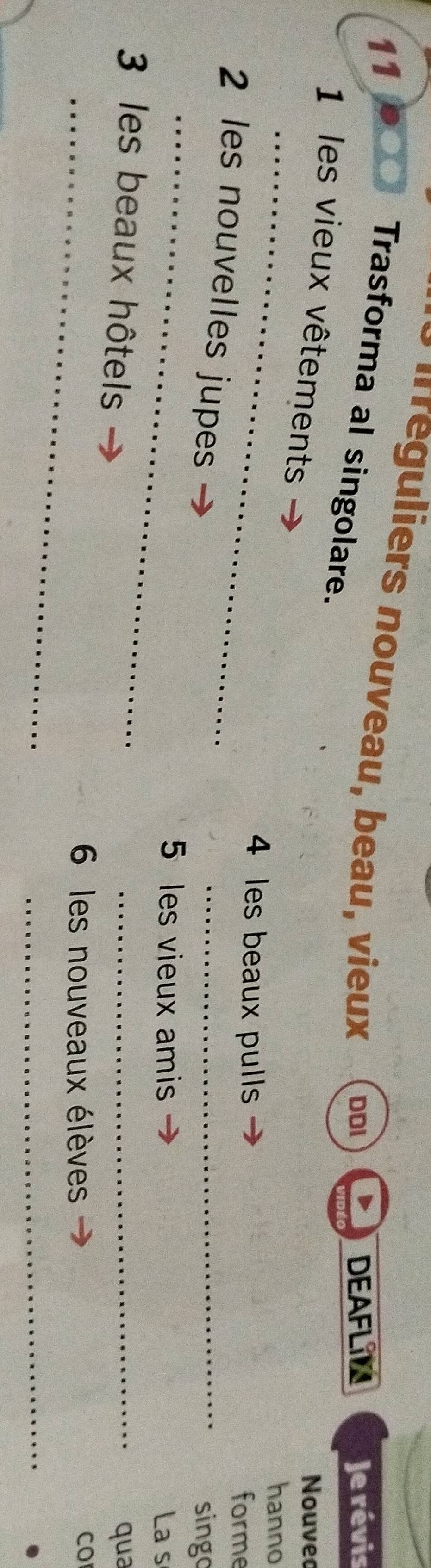 Irreguliers nouveau, beau, vieux (DDi 
DEAFLIN Je révis 
Trasforma al singolare. 
_ 
1 les vieux vêtements 
Nouved 
hanno 
4 les beaux pulls 
forme 
_ 
2 les nouvelles jupes 
_ 
singo 
5 les vieux amis La s 
3 les beaux hôtels _qua 
_6 les nouveaux élèves 
CO 
_