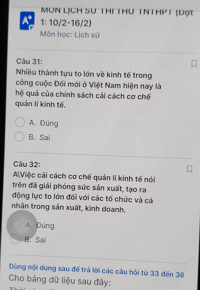 MON LỊCH Sư THI THư TNTHPT (Đợt
At 1: 10/2-16/2)
Môn học: Lịch sử
Câu 31:
Nhiều thành tựu to lớn về kinh tế trong
công cuộc Đổi mới ở Việt Nam hiện nay là
hệ quả của chính sách cải cách cơ chế
quản lí kinh tế.
A. Đúng
B. Sai
Câu 32:
AViệc cải cách cơ chế quản lí kinh tế nói
trên đã giải phóng sức sản xuất, tạo ra
động lực to lớn đối với các tổ chức và cá
nhân trong sản xuất, kinh doanh.
A. Đúng
B. Sai
Dùng nội dung sau để trả lời các câu hỏi từ 33 đến 36
Cho bảng dữ liệu sau đây: