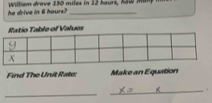 William drove 150 miles in 12 hours, how many m 
he drive in 6 hours?_ 
of Values 
Find The Unit Rate: Make an Equation 
_ 
_