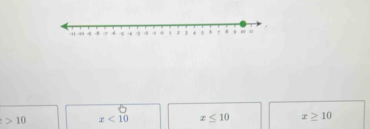 10
x<10</tex>
x≤ 10
x≥ 10