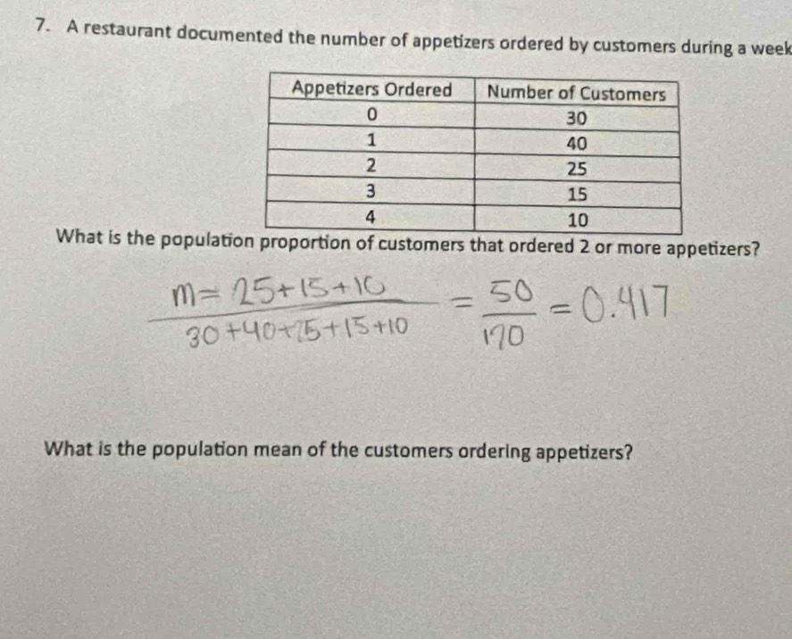 A restaurant documented the number of appetizers ordered by customers during a week
What is the populatn proportion of customers that ordered 2 or more appetizers? 
What is the population mean of the customers ordering appetizers?