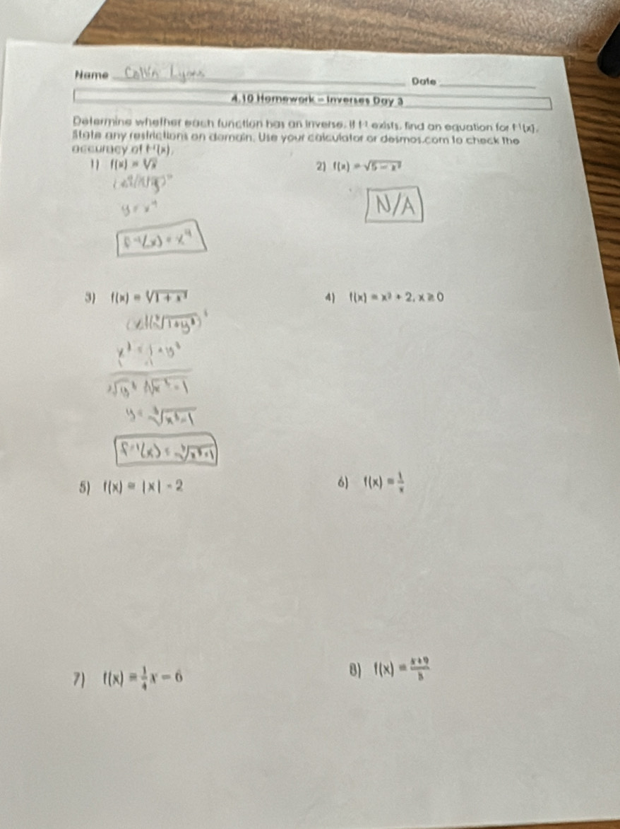 Name_ Date 
_ 
4.10 Homework - Inverses Day 3 
Determine whether each function has an inverse. If M exists, find an equation for f^(-1)(x), 
State any restrictions on demain. Use your calculator or desmos.com to check the 
accuracy of f^(-1)(x), 
11 
21 f(x)=sqrt(5-x^2)
N/ 
3) f(x)=sqrt[4](1+x^3) 4) f(x)=x^2+2, x≥ 0
5) f(x)=|x|-2
6) f(x)= 1/x 
7) f(x)= 1/4 x-6
8) f(x)= (x+9)/8 