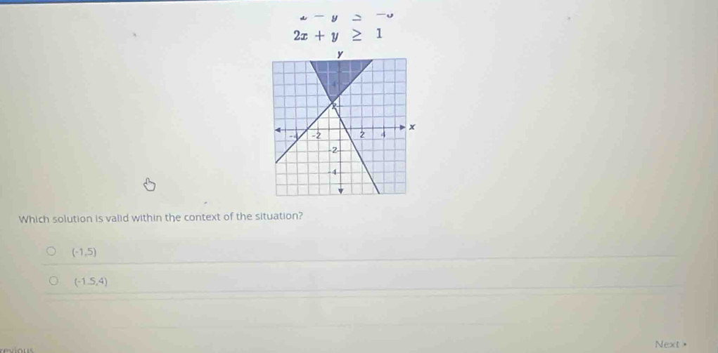 x-y= ^circ 
2x+y≥ 1 D
Which solution is valid within the context of the situation?
(-1,5)
(-1.5,4)
Next>