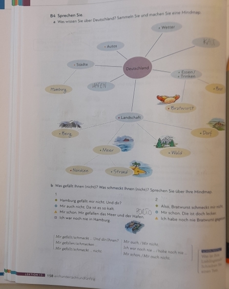 B4 Sprechen Sie.
eln Sie und machen Sie eine Mindmap
b Was gefällt ähnen (nicht)? Was schmeckt Ihnen (nicht)? Sprechen Sie über Ihre Mindmap
1
2
◆ Hamburg gefällt mir nicht. Und dir?
θ Mir auch nicht. Da ist es so kalt. Also, Bratwurst schmeckt mir nch
6 Mir schon. Mir gefallen das Meer und der Hafen Mir schon. Die ist doch lecker.
□ Ich war noch nie in Hamburg. A Ich habe noch nie Bratwunt o 
Mir gefällt/schmeckt .. Und dir//hnen? Mir auch. / Mir nicht.
Mir gefallen/schmecken.. ]ch war noch nie ... ./ habe noch nie ...
Mir gefallt/schmeckt nicht. Mir schon / Mir auch nicht.
A hen Lisbliogatat
*ines Bat
5 eih undertachtundfünifzi