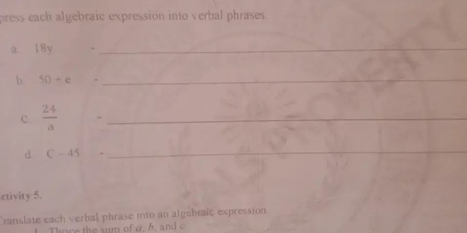 Solved: press each algebraic expression into verbal phrases. a 18y -_ b ...