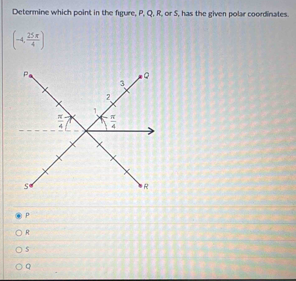 Determine which point in the fgure, P, Q, R, or S, has the given polar coordinates.
(-4, 25π /4 )
P
R
S
Q