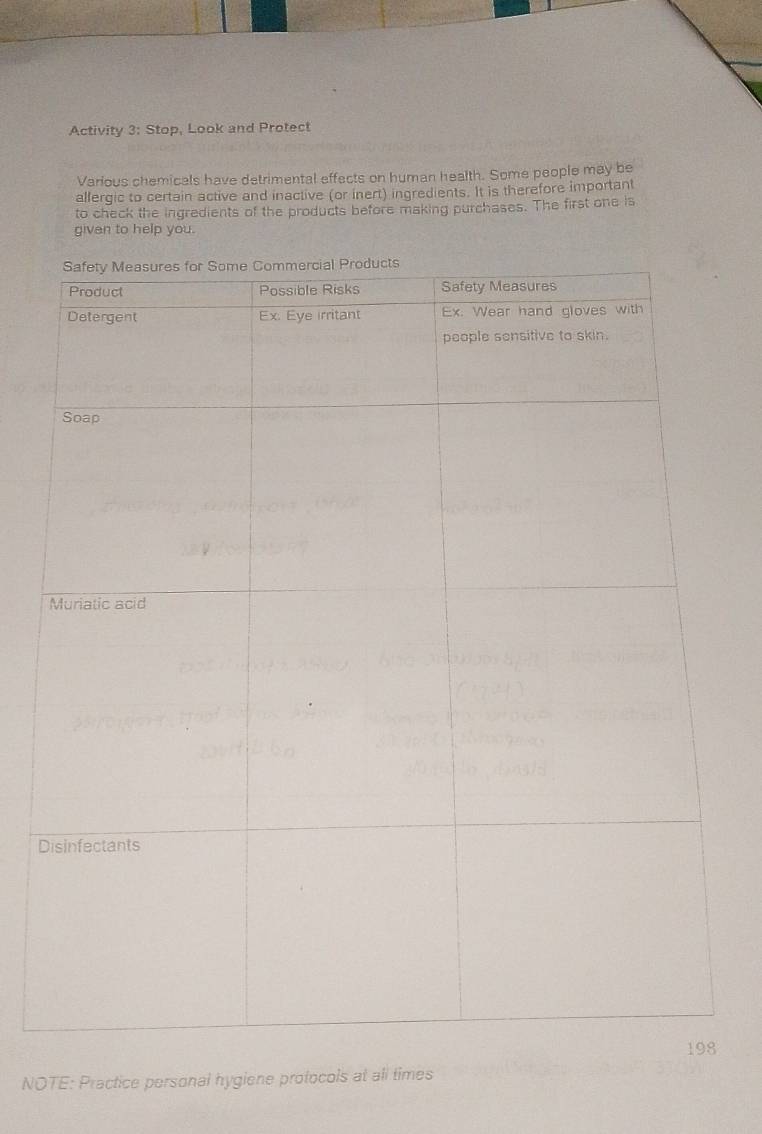 Activity 3: Stop, Look and Protect 
Various chemicals have detrimental effects on human health. Some people may be 
alfergic to certain active and inactive (or inert) ingredients. It is therefore important 
to check the ingredients of the products before making purchases. The first one is 
given to help you. 
D 
NOTE: Practice personal hygiene protocols at all times