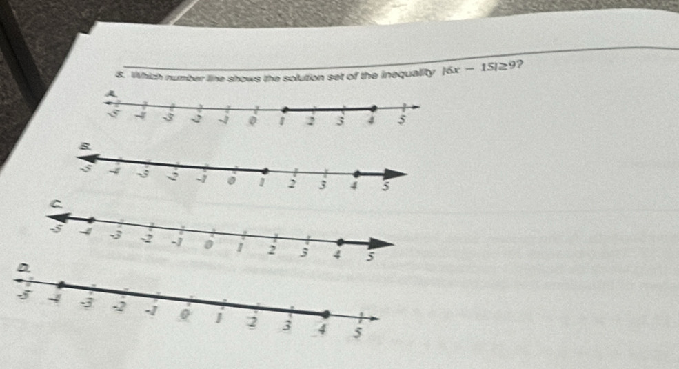 Which number line shows the solution set of the inequality |6x-15|≥ 9 ?