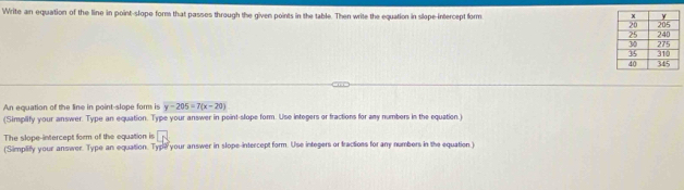 Write an equation of the line in point-slope form that passes through the given points in the table. Then write the equation in slope-intercept form 
An equation of the line in point-slope for is y-205=7(x-20)
(Simplify your answer. Type an equation. Type your answer in point-slope form. Use integers or fractions for any numbers in the equation.) 
The slope-intercept form of the equation is overline LN
(Simplify your answer. Type an equation. Type your answer in slope-intercept form. Use integers or tractions for any numbers in the equation.)