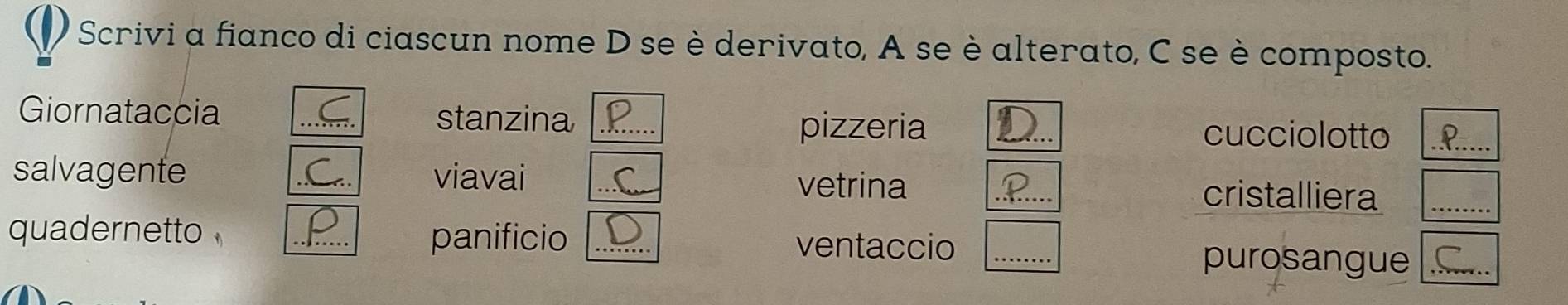 Scrivi a fianco di ciascun nome D se è derivato, A se è alterato, C se è composto. 
Giornataccia _stanzina_ 
pizzeria _cucciolotto_ 
salvagente _viavai __cristalliera_ 
vetrina 
quadernetto _panificio _ventaccio_ 
purosangue_