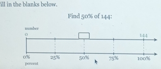 ill in the blanks below. 
Find 50% of 144 :