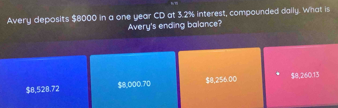 9/15
Avery deposits $8000 in a one year CD at 3.2% interest, compounded daily. What is
Avery's ending balance?
$8,528.72 $8,000.70 $8,256.00 $8,260.13