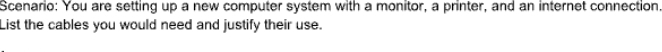 Scenario: You are setting up a new computer system with a monitor, a printer, and an internet connection. 
List the cables you would need and justify their use.