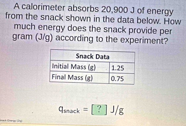 A calorimeter absorbs 20,900 J of energy 
from the snack shown in the data below. How 
much energy does the snack provide per
gram (J/g) according to the experiment?
q_snack=[?]J/g
Snack Energy (J/g)