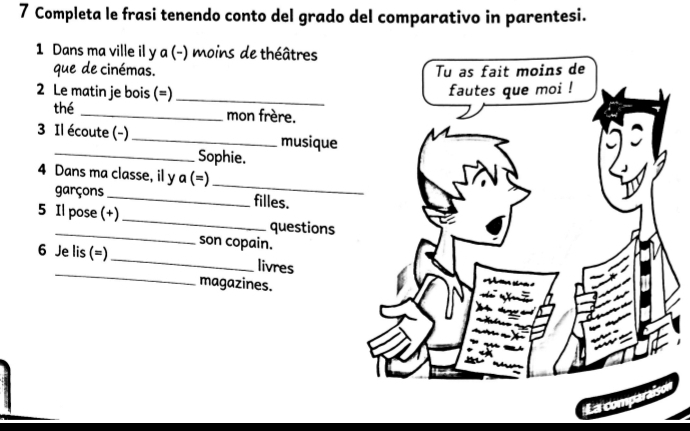 Completa le frasi tenendo conto del grado del comparativo in parentesi. 
1 Dans ma ville il y a (-) moins de théâtres 
que de cinémas. 
2 Le matin je bois (=) _ 
thé _mon frère. 
3 Il écoute (-) _musique 
_Sophie. 
_ 
4 Dans ma classe, il y a (=) 
garçons _filles. 
_ 
5 Il pose (+) _questions 
son copain. 
_ 
6 Je lis (=) _livres 
magazines.