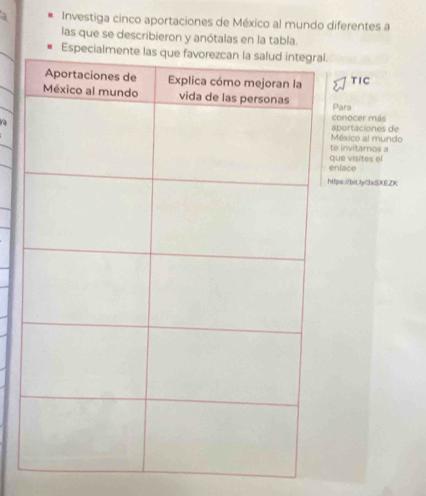 a Investiga cinco aportaciones de México al mundo diferentes a 
las que se describieron y anótalas en la tabla. 
TIC 
Para 
conocer más 
yaaportaciones de 
México al mundo 
e invitamos a 
ue visites el 
nlace 
ttps://bitly/3xSXEZK